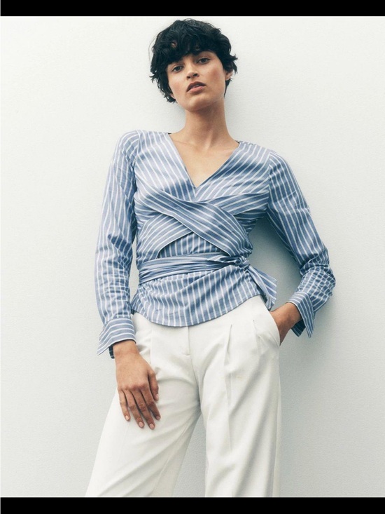 White House Black Market Tops - White House Black Market 10 Blue Stripe Twist Front Tie-Waist Blouse